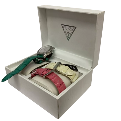 Ladies Guess set with watch and 3 bands leather turquoise coral pink cream with box
