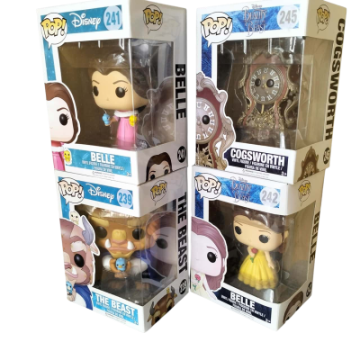 Funko Pop Figurines: Disney Series 9, Belle (241) The Beast (239). Disney Beauty & the Beast, Belle (242) and Cogsworth (245).