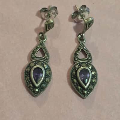  Womens Earrings Sterling Silver, marquesite, amethyst 
