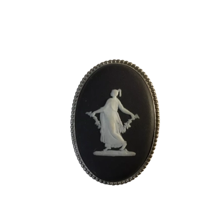 Vintage Black Jasperware Brooch Stamped