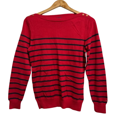 Tommy Hilfiger, Womens, Size M, red with navy striped knitted cardigan with decorative gold buttons