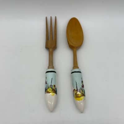 Vintage Wooden Salad Fork and Spoon Set with Porcelain Handles [B#28]