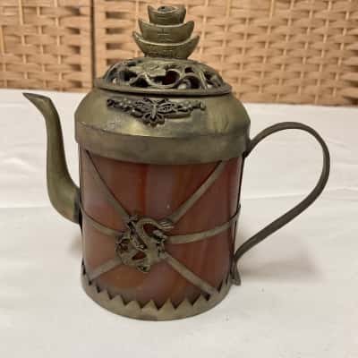 Vintage Chinese decorative teapot orange agate brass 