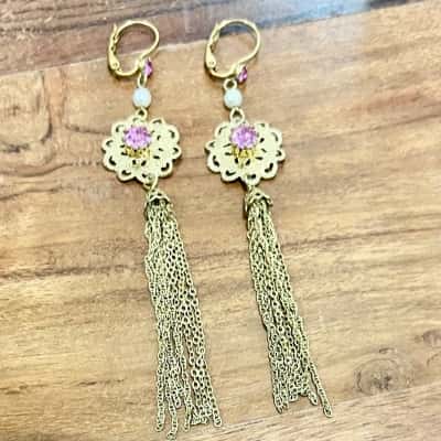 Vintage Gold Tassel Pink Gemstone Flower Drop Earrings