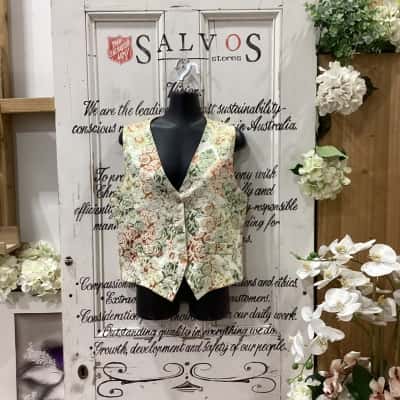 WITCHERY BRAND! Womens  Size 12 Beige / Floral / Green / Orange! VINTAGE FLORAL PATTERNED BUTTONED VEST! MADE IN AUSTRALIA! GREAT FOR ADDING SOME FUN TO ANY WARDROBE!