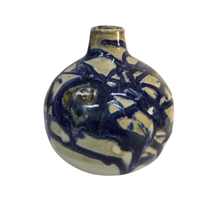 Blue Patterned Vase Hand Made Signed Approx 14 x 13cm