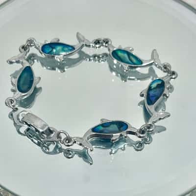 Small Silver Childs Dolphin Paua Shell Design Bracelet 