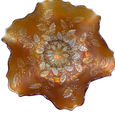 Fenton Holly Ruffled Edge Marigold Carnival Glass Bowl