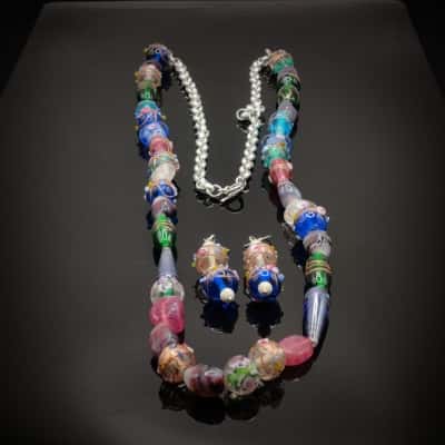 Amazing & Stunning 104cm Long Necklace Featuring 68cm Of Vintage Wedding Cake Murano Glass Beads On Silver Look, Possibly Real Silver Chain Plus Matching Earrings - Hand Made