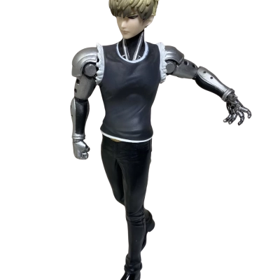 Banpresto One-Punch Man DXF Premium Genos Figure, featuring the cyborg character in his black sleeveless top and striking a confident dynamic pose