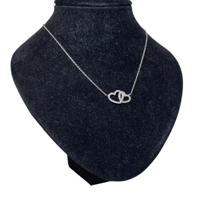 Womens 40cm Twin Heart Necklace Sterling Silver 925/White Stones