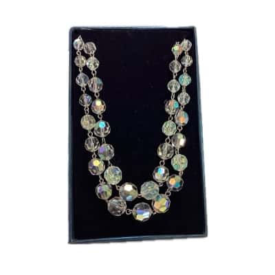  Womens Vintage 50s Double Strand Necklace Faceted Crystal Multicoloured / Silver 