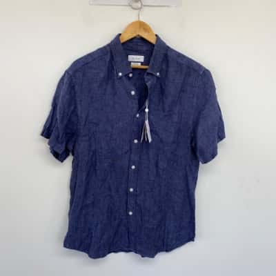 Porter & Ash Blue 100% Linen Short Sleeve Shirt Size L 