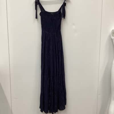 Liz Jordan Womens  Size 10 Shoestring Strap Dress Navy Blue / Pinstriped / Silver 