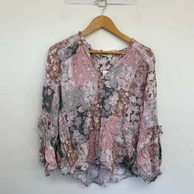 Just Jeans Pink Sage Patchwork Floral Long SLeeve Shirt  Size 12 