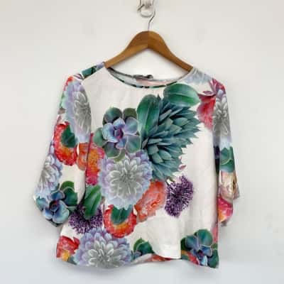 Veronika Maine White Floral Elbow Sleeve Top Size 14 