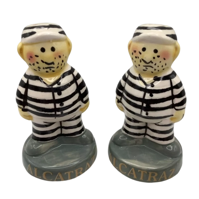 Vintage Alcatraz The Rock Prisoner Salt and Pepper Shakers Jail Prison Uniforms       (Brica Shelf)