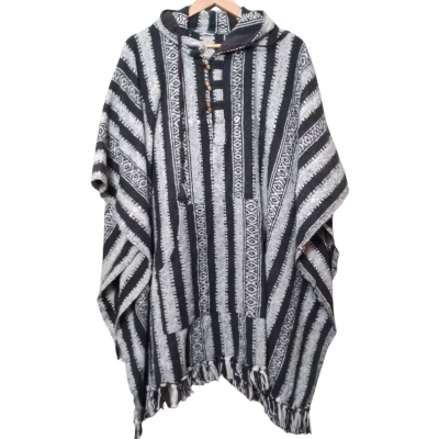 Black and White Hooded Poncho from Nepal
