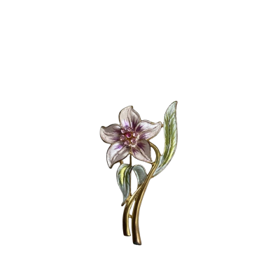 Super Pretty Vintage Enamel Floral Brooch with Pink Crystal Detail