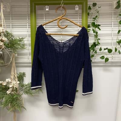  Line7 New Zealand Womens V-Neck Hemp Jumper Navy Blue 