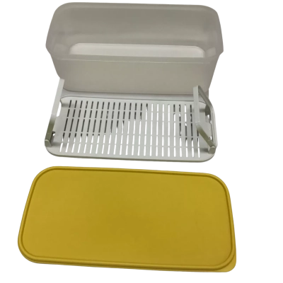 Vintage Tupperware Vegetable Keeper With Handled Removable Inner Tray & Yellow Lid