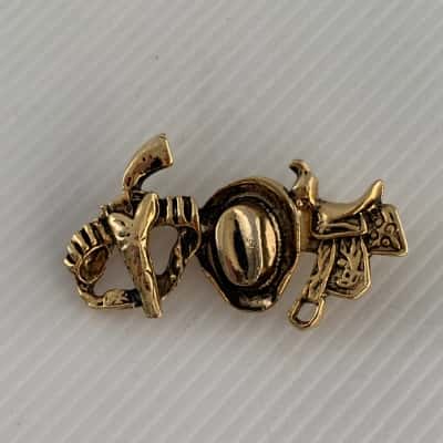 Western Cowboy Gold Tone Brooch Pin - Cast Brass/Alloy