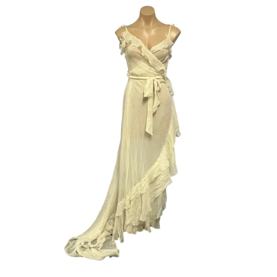 Karen Willis Holmes Zoe Womens approx Size S Natural Silk Shoestring Strap Maxi Wrap Dress (new)