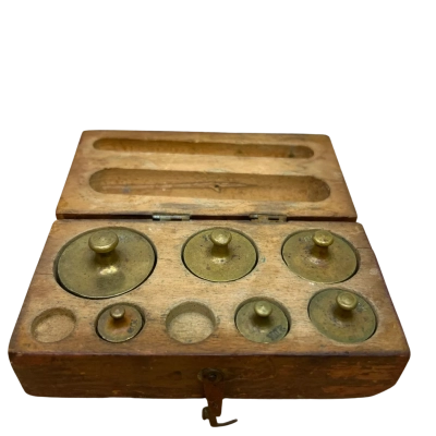 Vintage Brass Weights in Wood Box missing 2 weight increments 