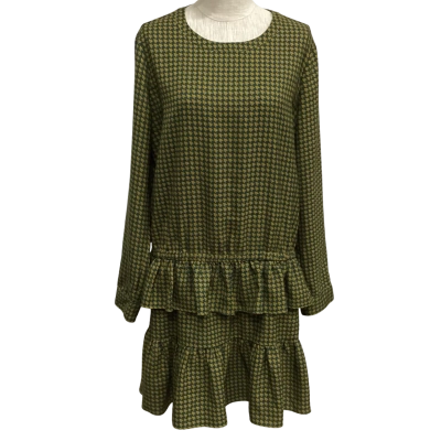 NEW - Scotch & Soda Size L Dropped Waist Ruffle Dress Green / Pattern 