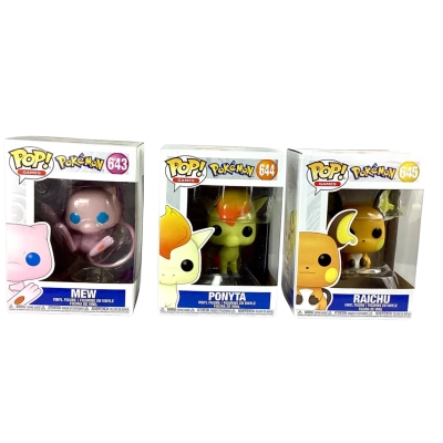 Pokémon Funko Pop! vinyl figures Games , Mew (#643), Ponyta (#644), and Raichu (#645). 
