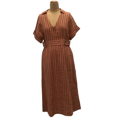 Loobies Story Striped Dress Size 10 Brown Linen Blend