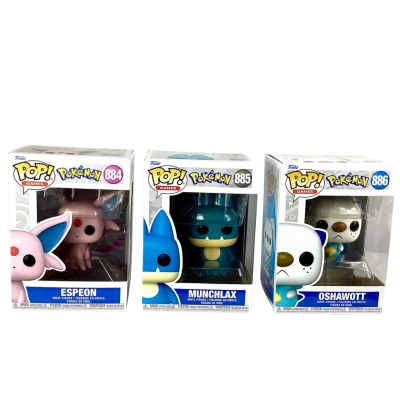 Pokémon Funko Pop! vinyl figures Games collection: Espeon (#884), Munchlax (#885), and Oshawott (#886). 