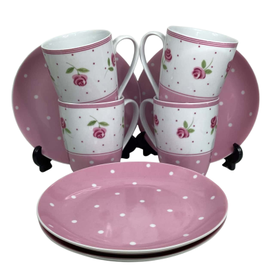 Modern living Fine Porcelain pink polka & roses 4 mugs & plates