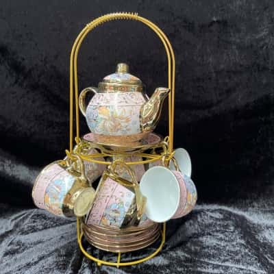 Girls Cute Ceramic Tea Set in Pink and Gold 