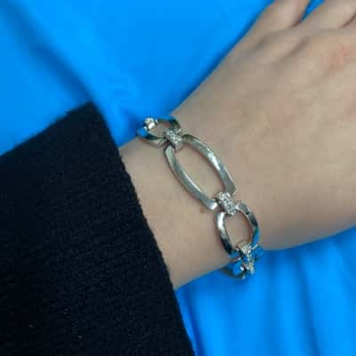  Womens Silver Tone Bracelet with Diamanté Studded Links