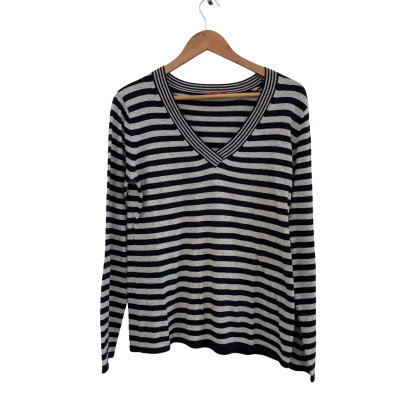 Esprit Womens  Size L V-Neck Jumper Grey / Navy Blue / Striped 