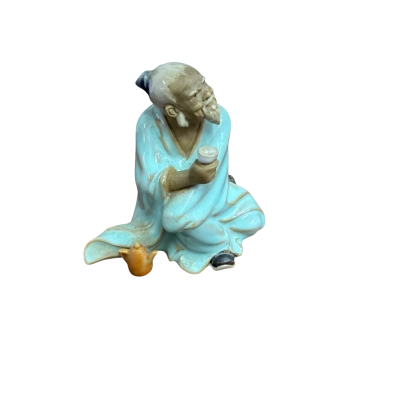 Vintage Shiwan Potteryyy Figurine Of Chinese Mudman Drinking Tea
