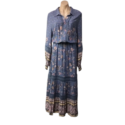 City Chic Womens Size M Blue / Pink / White / Mustard Pattern Long Sleeve Maxi Dress