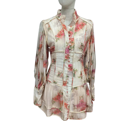  Mackenziemode  Size 6 Long Sleeve Mini Dress Floral Apricot 