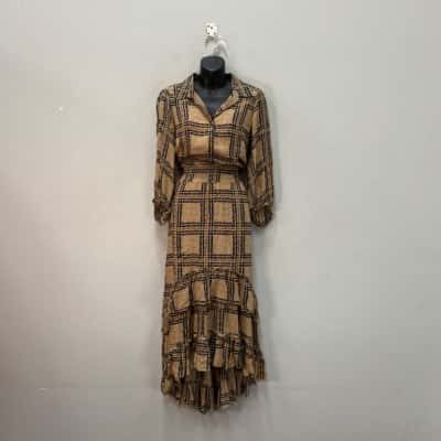 Fate & Becker Womens  Size 10 Midi Dress Beige / Black  / Brown / Pattern 