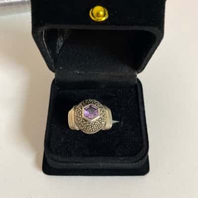 925 Hexagon Amethyst and Marcasite Ring 