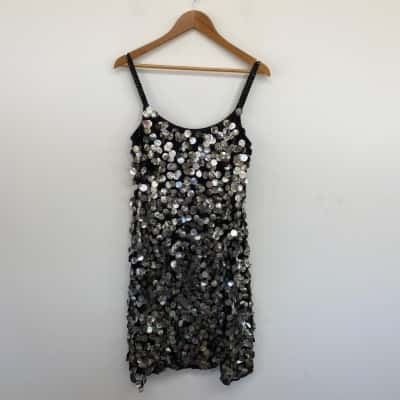 Sacha Drake Black Large Metallic Scale Like Silver Disc Sequins Embellished Mini Dress  Size 14 