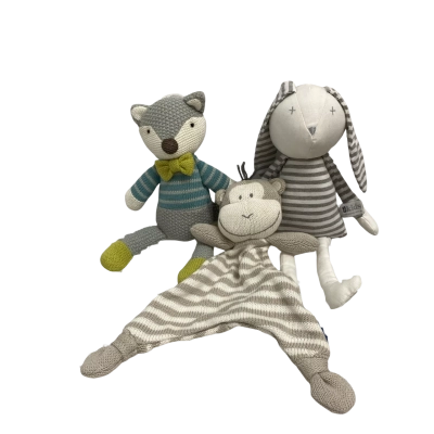 ES Grey Stripe Bunny, Harry Wolf Crochet Plush & Max the Monkey Security Blanket
