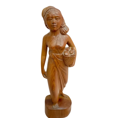Vintage Hand-Carved Wooden Statue- Harvest Maiden Carrying Fruit