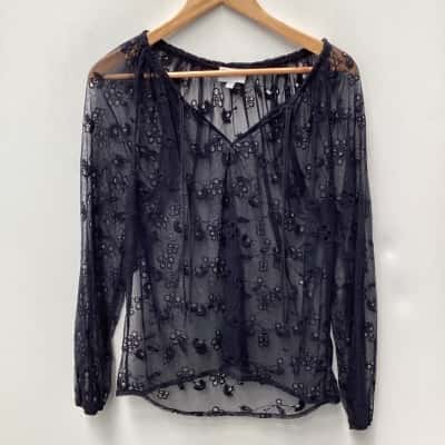 Witchery Womens embroidered mesh lace top  Size S Black  