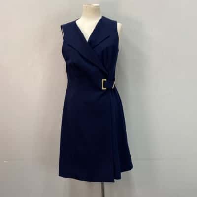 Calvin Klein Womens  Size 10 Midi Wrap Dress Navy Blue with Gold Class 