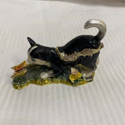 Hidden Treasures Cat Playing With Butterfly Trinket Box 
