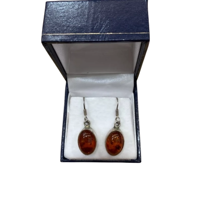 Vintage Baltic Amber Dangle Hook  Earrings Set in 925 Sterling Silver 