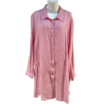 Maggie T Womens Size 24 Linen Long Sleeve Shirt Pink / White Striped 