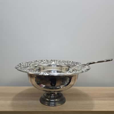 Vintage Silver-Plated Punch Bowl with Ornate Floral Rim & Matching Ladle